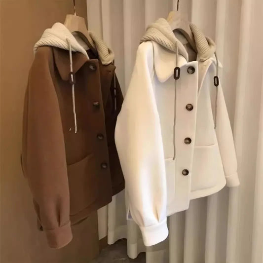 Women's Knitted Woolen Coat, Vintage Loose Fit, Hat Design, Korean Style