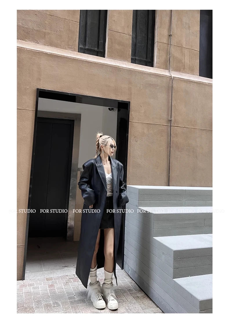 Lautaro Spring Autumn Extra Long Black Loose Pu Leather Trench Coat for Women Shoulder Pads Double Breasted Faux Leather Blazer