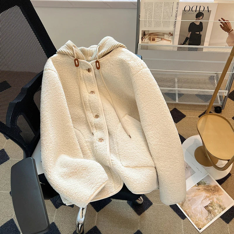 Oversized Hooded Lamb Wool Coat for Women & Loose Fit, Korean Style