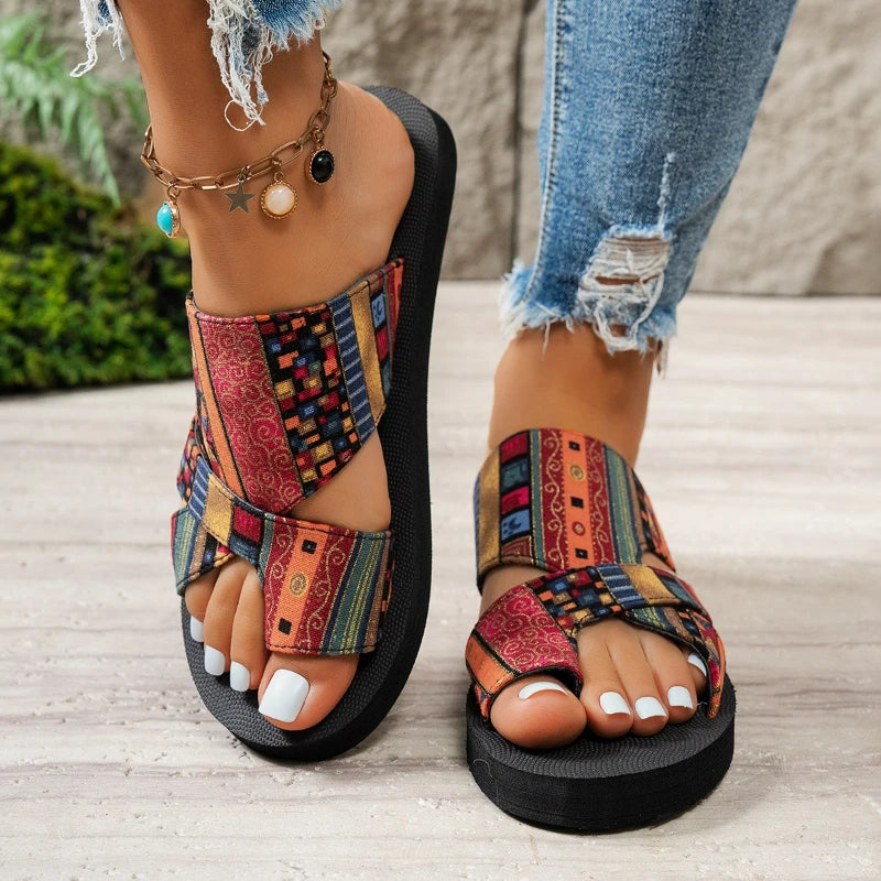 Ethnic Platform Open Toe Slippers.