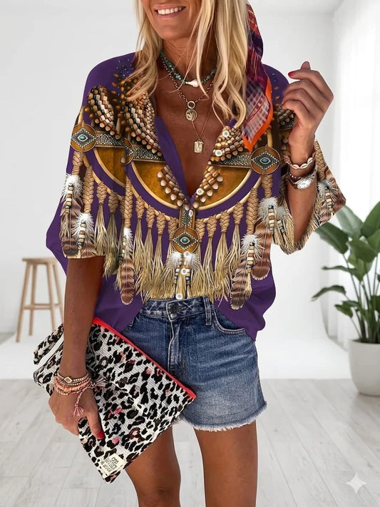 Ethnic Geometric Print Flare Sleeve Top