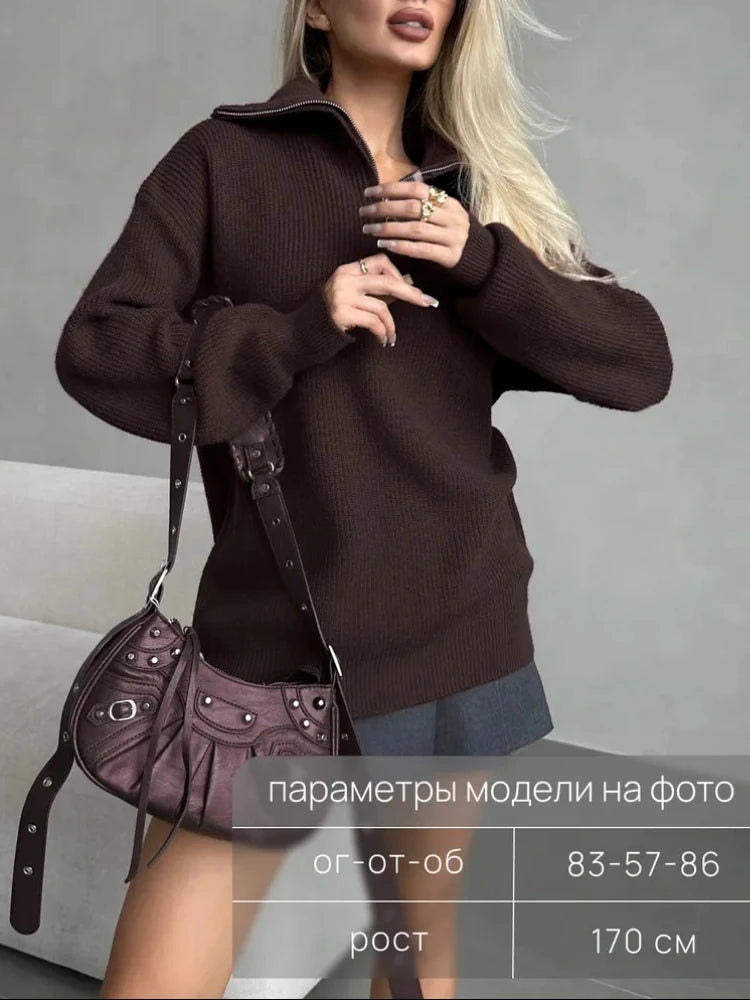 Fashion Black Half-Zip Lapel Sweater for Women