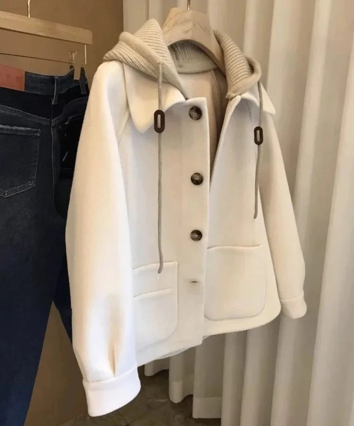 Women's Knitted Woolen Coat, Vintage Loose Fit, Hat Design, Korean Style