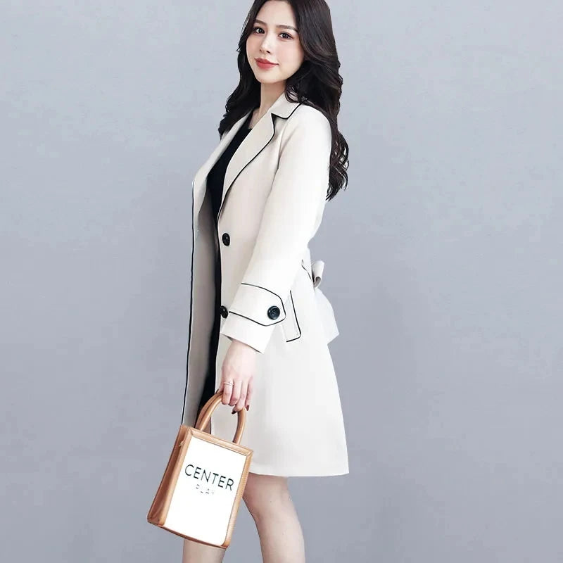2025 New Suit Collar Trench Coat Spring And Autumn Fashionable Mid Length Jacket Female Double Layered Outwear White Windbreaker