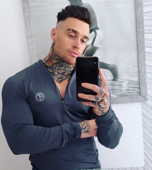 Men's Long Sleeve Zipper Neck Fitness Shirt - Black GYM Sport T-shirt