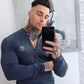 Men's Long Sleeve Zipper Neck Fitness Shirt - Black GYM Sport T-shirt