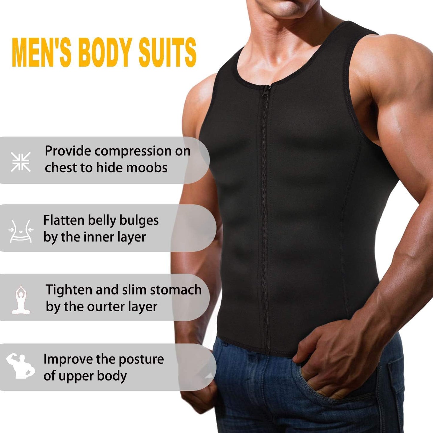 Men's Slimming Tank Top Body Shaper Compression Vest with Zipper & Back Support