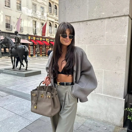 American Women's V-Neck Woolen Kimono Jacket, Spring Top