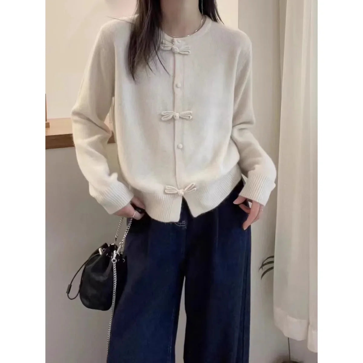 Elegant Red Round Neck Button Cardigan