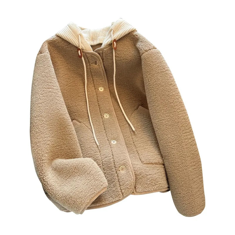 Oversized Hooded Lamb Wool Coat for Women & Loose Fit, Korean Style