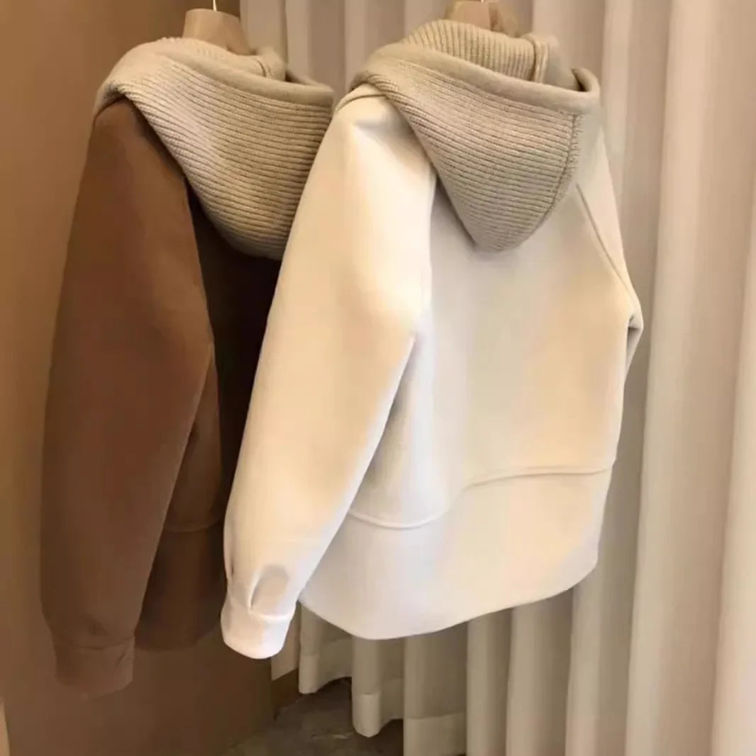 Women's Knitted Woolen Coat, Vintage Loose Fit, Hat Design, Korean Style