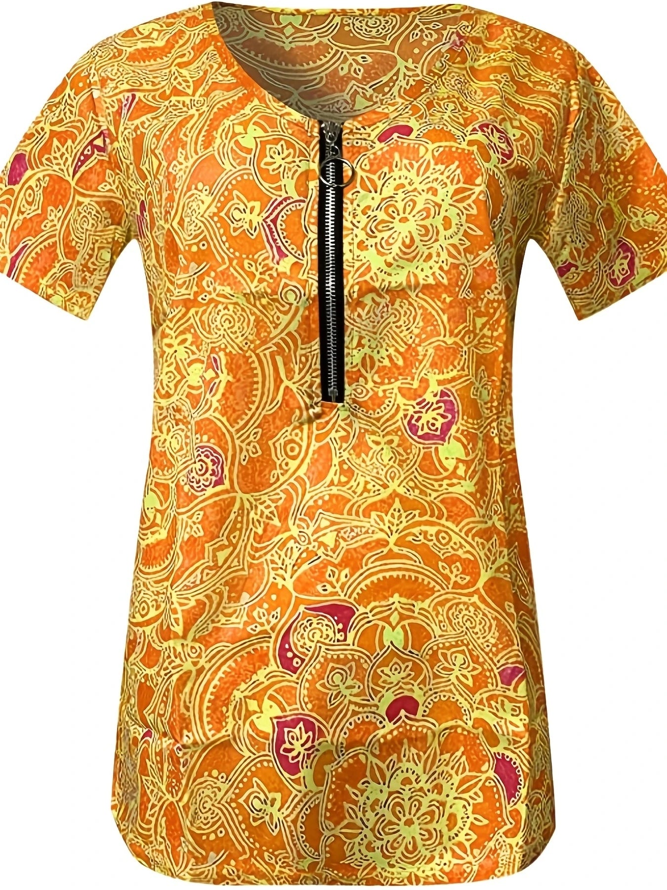 Short Sleeve Printed Zippered Top