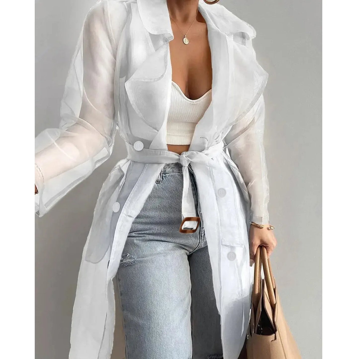 Sheer Thin Lightweight Windbreaker Women Sunscreen Clothes Lapel Single Breasted Long Coat With Belt Large Size Jackets Trench