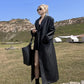 Lautaro Spring Autumn Extra Long Black Loose Pu Leather Trench Coat for Women Shoulder Pads Double Breasted Faux Leather Blazer
