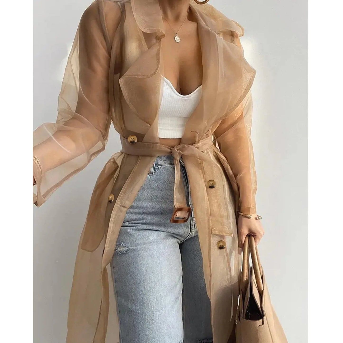 Sheer Thin Lightweight Windbreaker Women Sunscreen Clothes Lapel Single Breasted Long Coat With Belt Large Size Jackets Trench