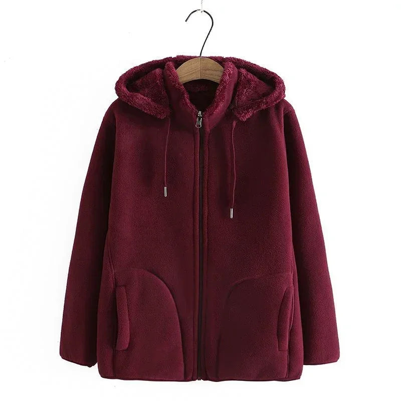 Thick Winter Hoodie Sweatshirt, Polar Fleece Zipper-Up Coat for Women