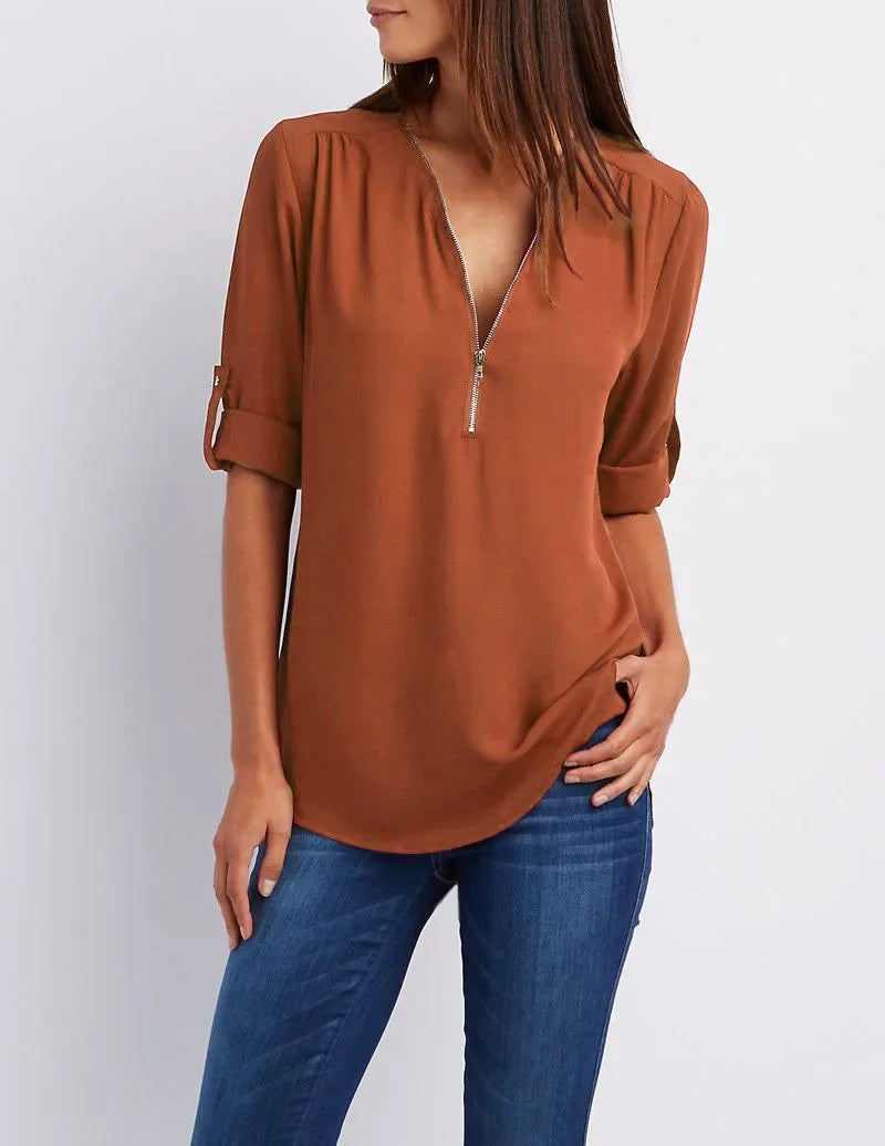 Deep V-Neck Chiffon Blouse