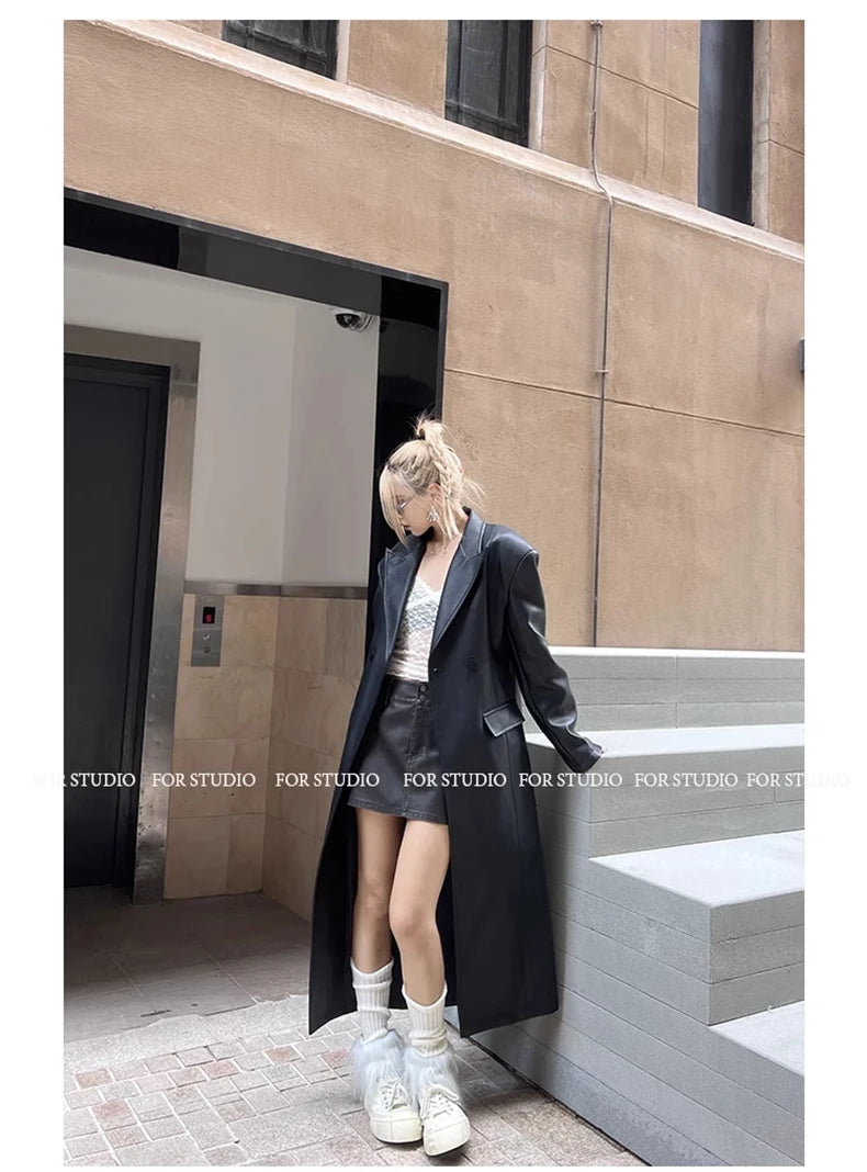 Lautaro Spring Autumn Extra Long Black Loose Pu Leather Trench Coat for Women Shoulder Pads Double Breasted Faux Leather Blazer