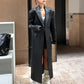 Lautaro Spring Autumn Extra Long Black Loose Pu Leather Trench Coat for Women Shoulder Pads Double Breasted Faux Leather Blazer