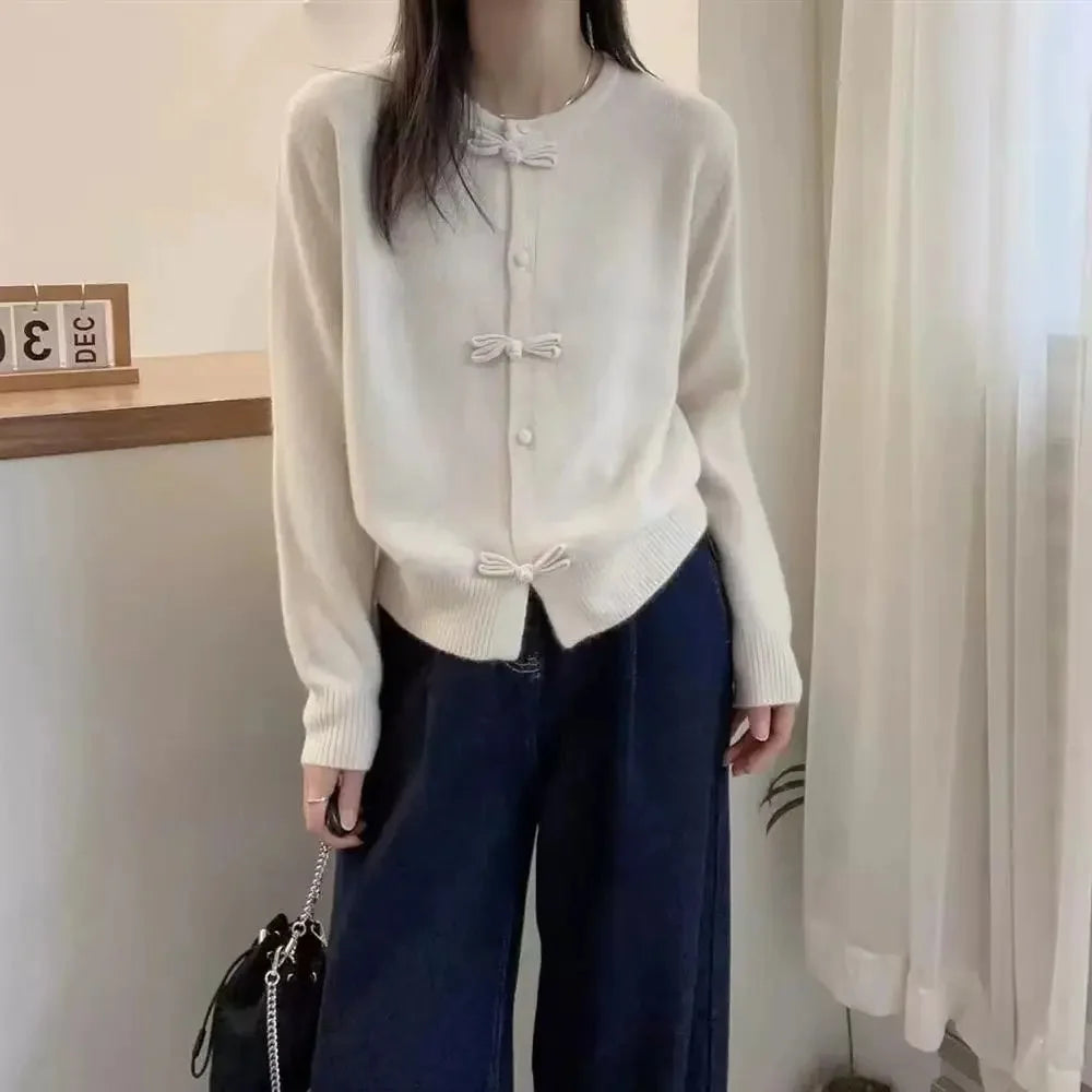 Elegant Red Round Neck Button Cardigan