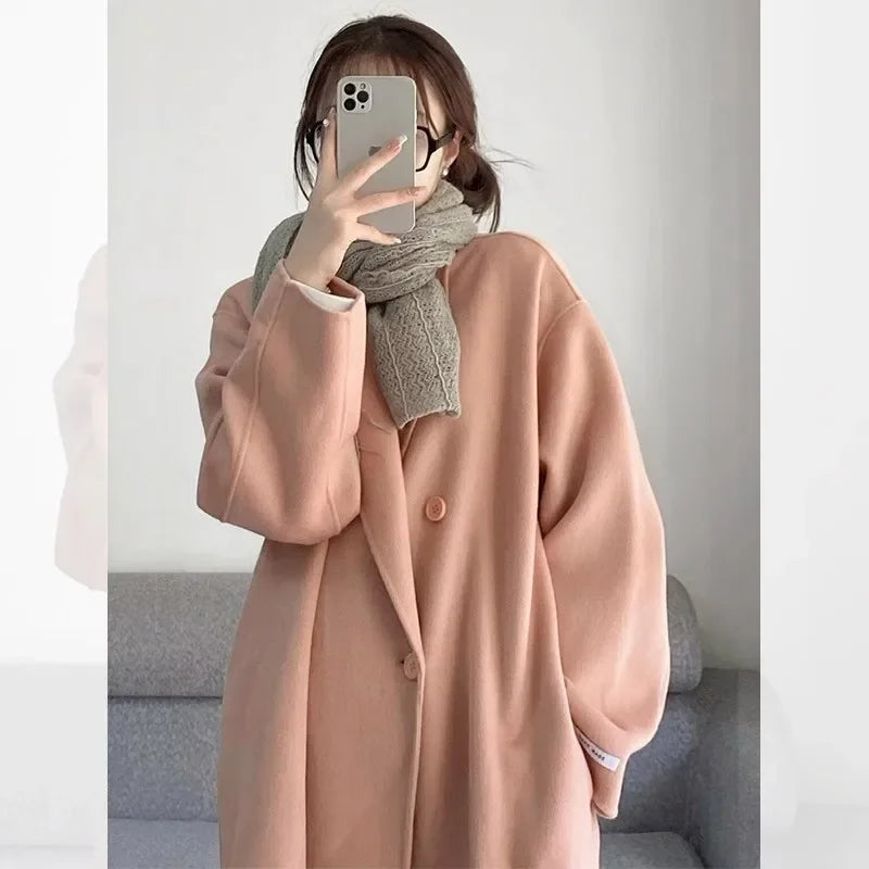 Pink Double-Sided Fleece-Lined Wool Coat