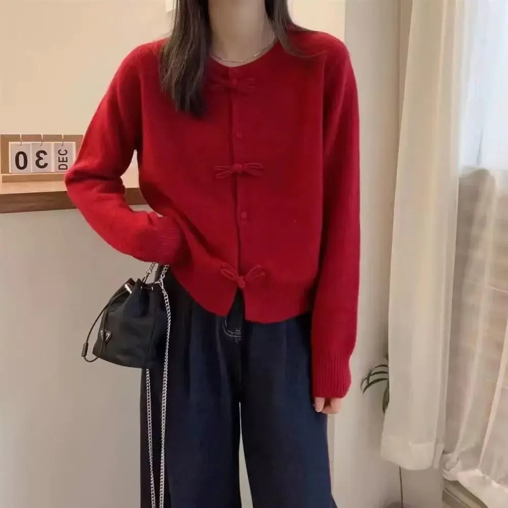 Elegant Red Round Neck Button Cardigan