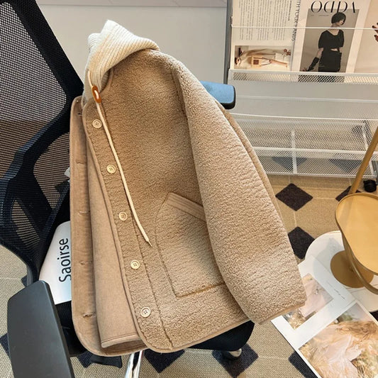 Oversized Hooded Lamb Wool Coat for Women & Loose Fit, Korean Style