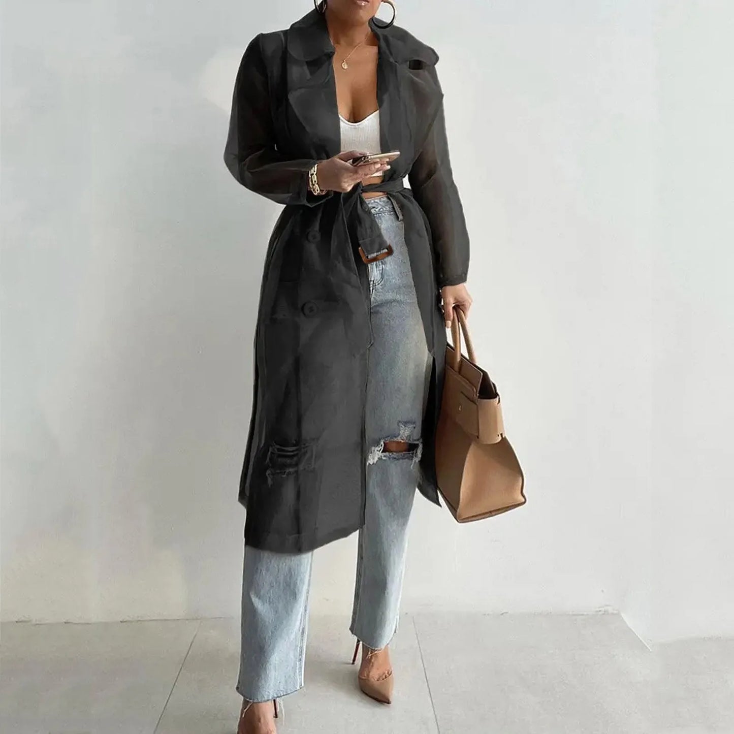 Sheer Thin Lightweight Windbreaker Women Sunscreen Clothes Lapel Single Breasted Long Coat With Belt Large Size Jackets Trench