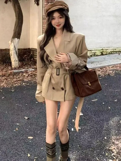 Kaki Color British Style Women's Short Coat Waist Cinched Outerwear Spring Fashion Polyester Fiber Long Sleeve Buttoned Jacket