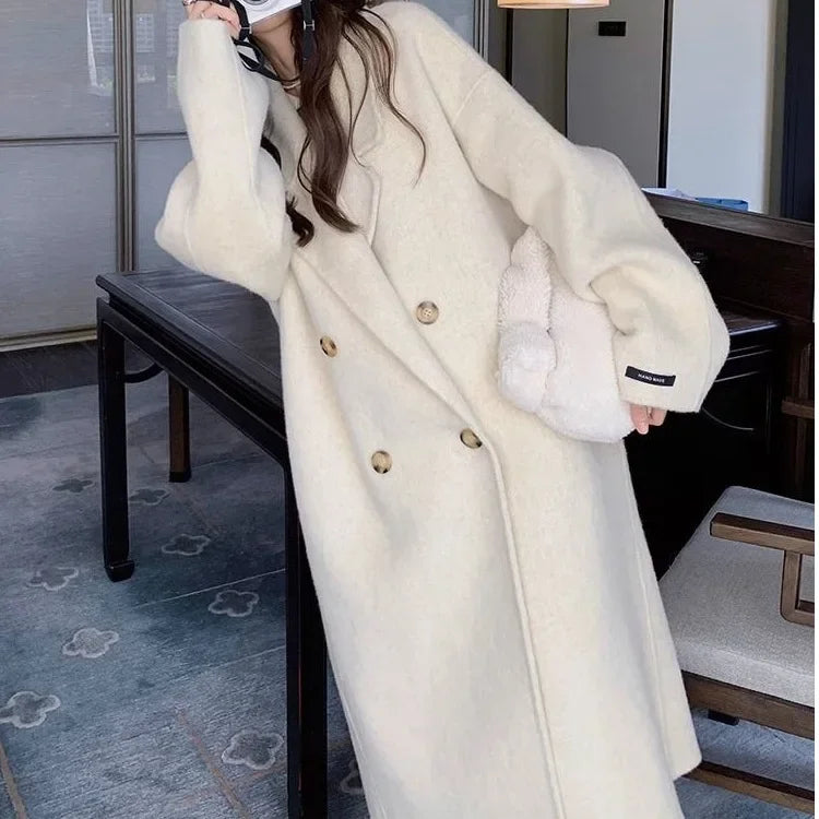 Plus Size Elegant Woolen Coat, Knee-Length, Korean Style