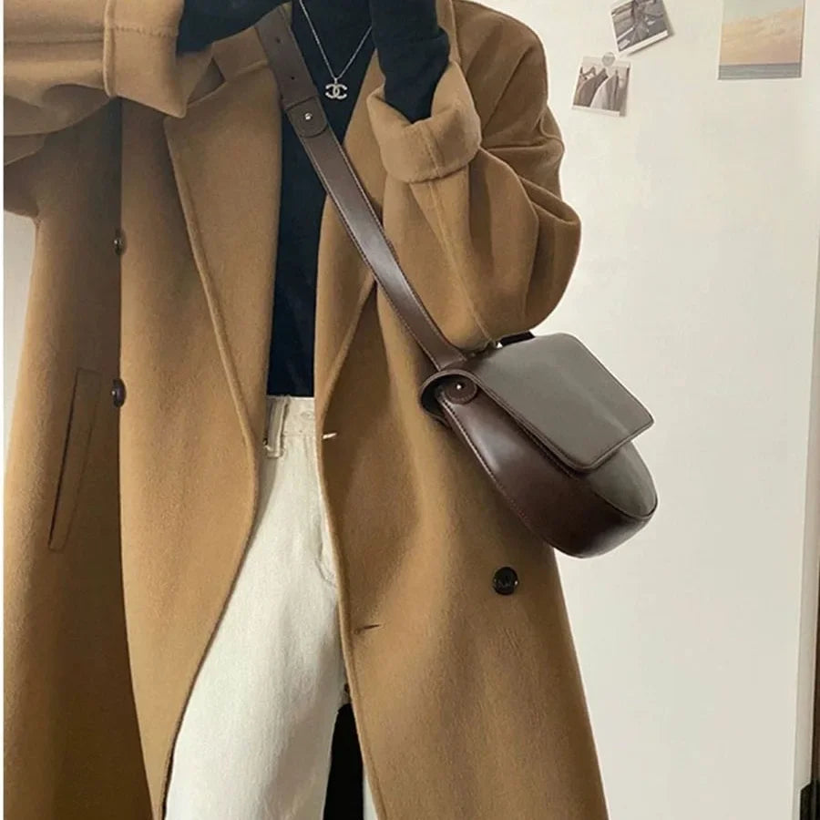 Plus Size Elegant Woolen Coat, Knee-Length, Korean Style