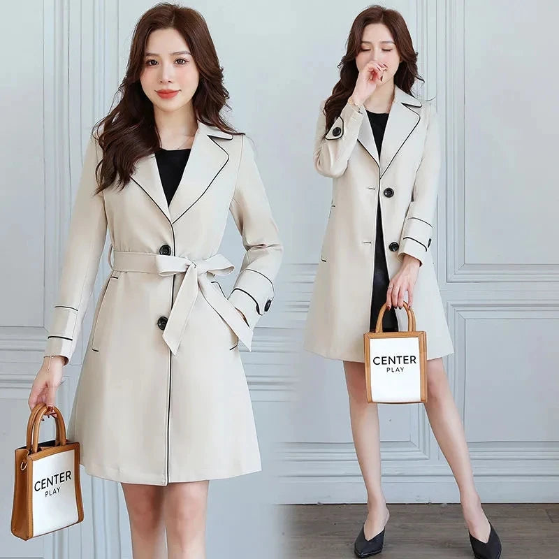 2025 New Suit Collar Trench Coat Spring And Autumn Fashionable Mid Length Jacket Female Double Layered Outwear White Windbreaker