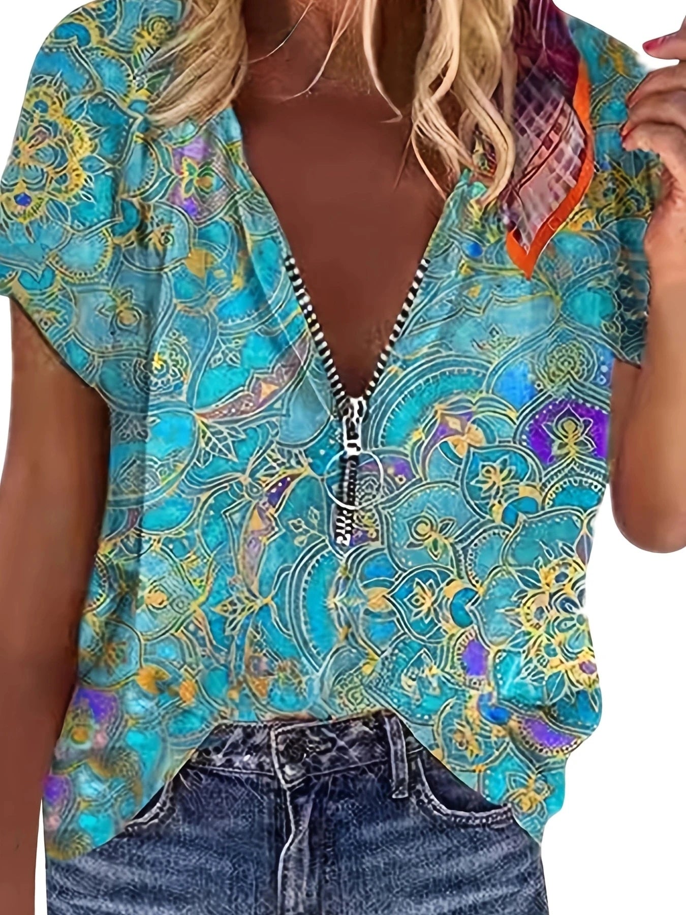 Short Sleeve Printed Zippered Top