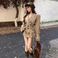 Kaki Color British Style Women's Short Coat Waist Cinched Outerwear Spring Fashion Polyester Fiber Long Sleeve Buttoned Jacket