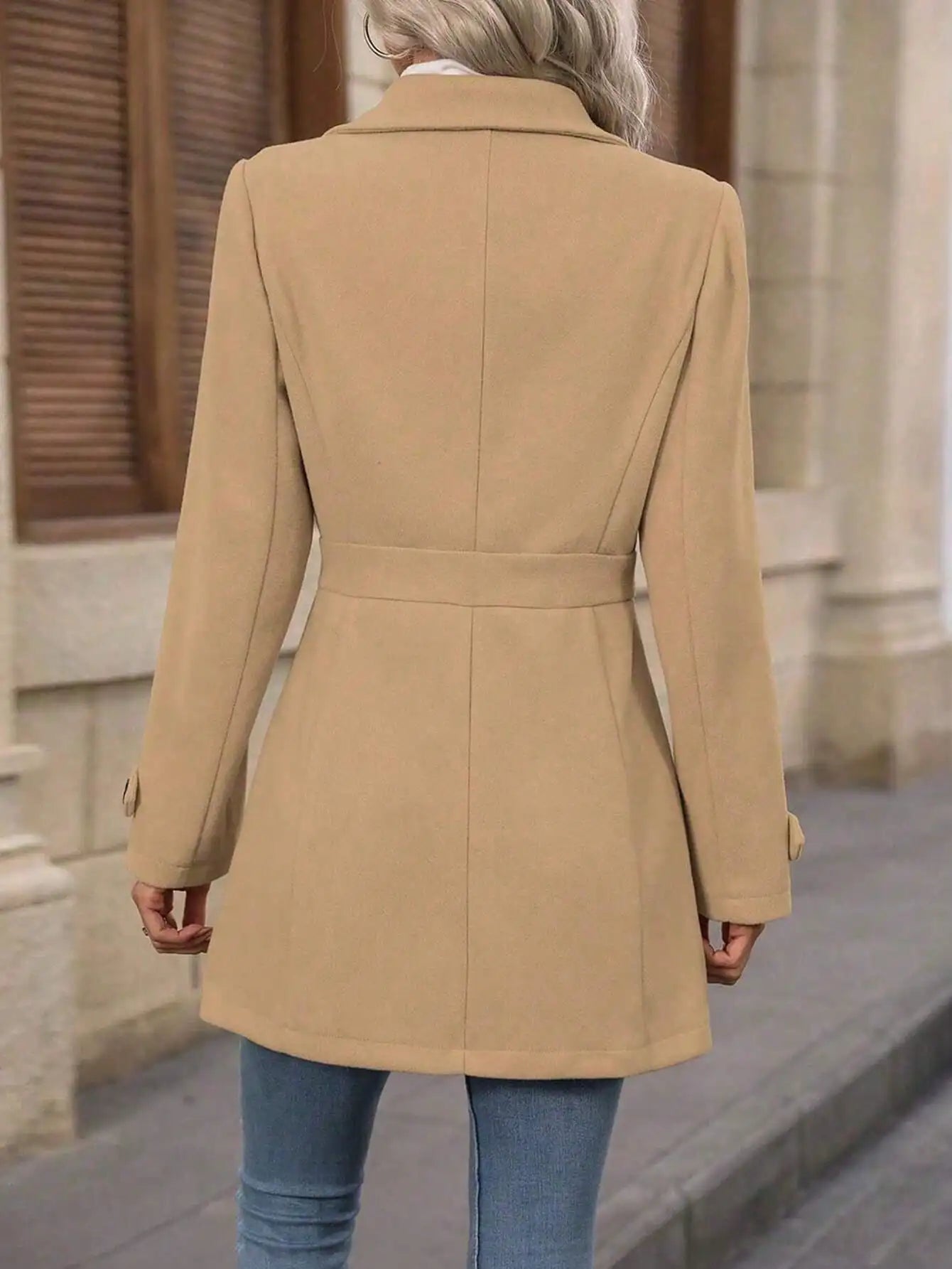 Plus-size Elegant Woolen Coat for Autumn and Winter - Lapel, Button Detail, Slim-Fitting