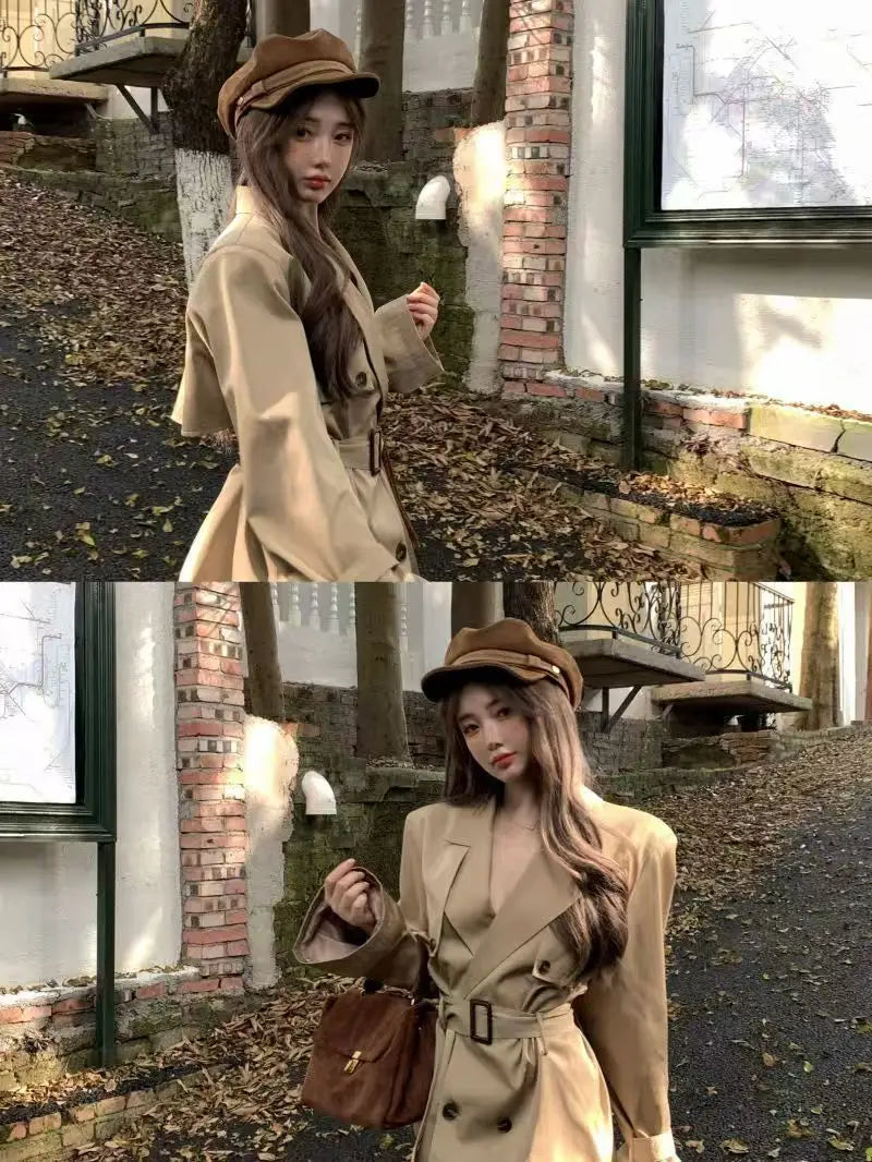 Kaki Color British Style Women's Short Coat Waist Cinched Outerwear Spring Fashion Polyester Fiber Long Sleeve Buttoned Jacket