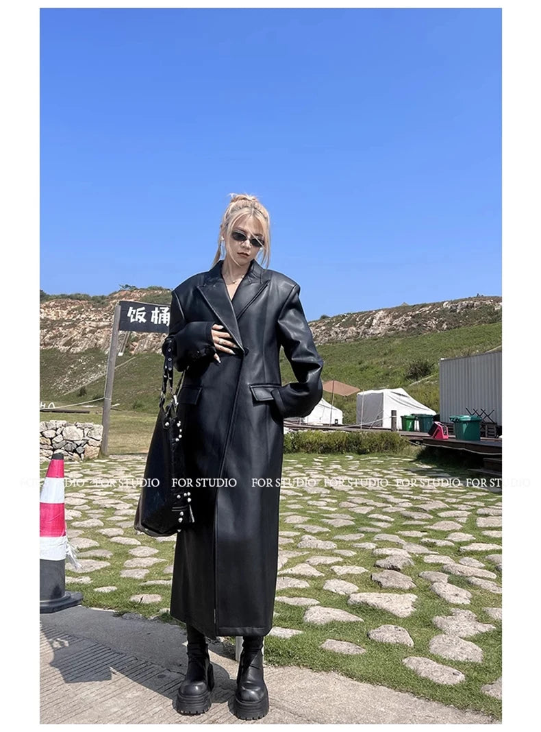 Lautaro Spring Autumn Extra Long Black Loose Pu Leather Trench Coat for Women Shoulder Pads Double Breasted Faux Leather Blazer