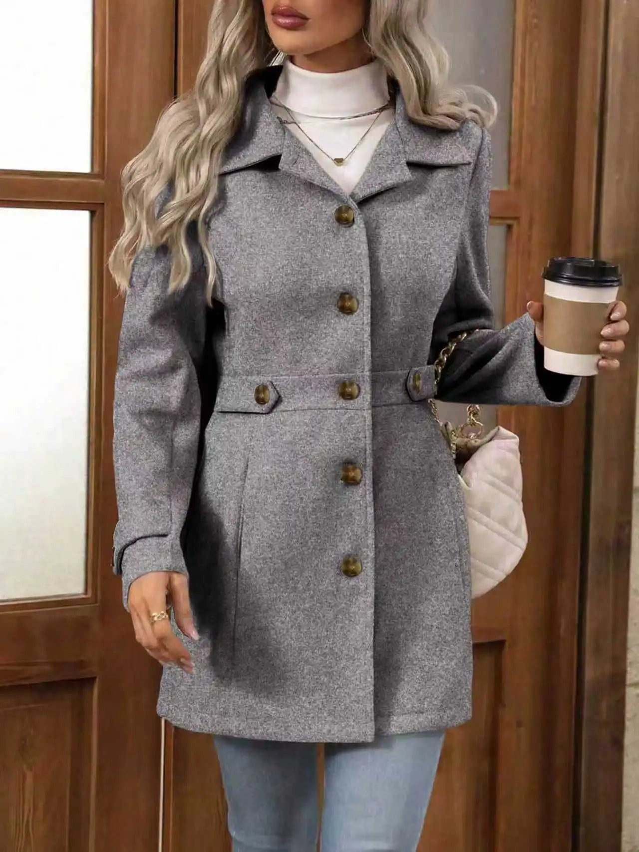 Plus-size Elegant Woolen Coat for Autumn and Winter - Lapel, Button Detail, Slim-Fitting