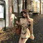 Kaki Color British Style Women's Short Coat Waist Cinched Outerwear Spring Fashion Polyester Fiber Long Sleeve Buttoned Jacket
