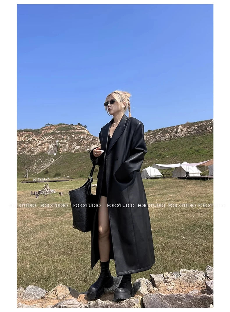 Lautaro Spring Autumn Extra Long Black Loose Pu Leather Trench Coat for Women Shoulder Pads Double Breasted Faux Leather Blazer