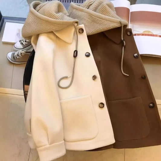 Women's Knitted Woolen Coat, Vintage Loose Fit, Hat Design, Korean Style