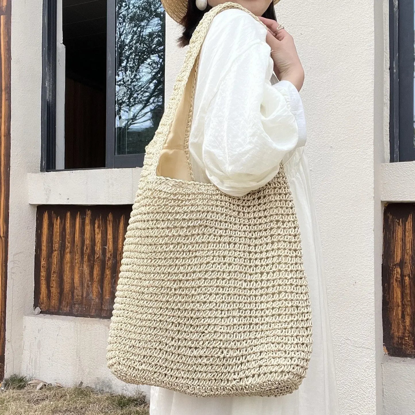French Style Large Straw Beach Tote Bag
