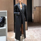Lautaro Spring Autumn Extra Long Black Loose Pu Leather Trench Coat for Women Shoulder Pads Double Breasted Faux Leather Blazer