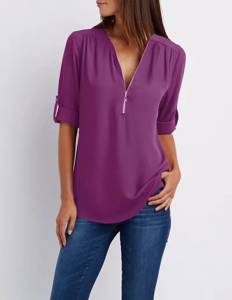 Deep V-Neck Chiffon Blouse