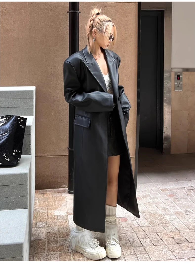 Lautaro Spring Autumn Extra Long Black Loose Pu Leather Trench Coat for Women Shoulder Pads Double Breasted Faux Leather Blazer