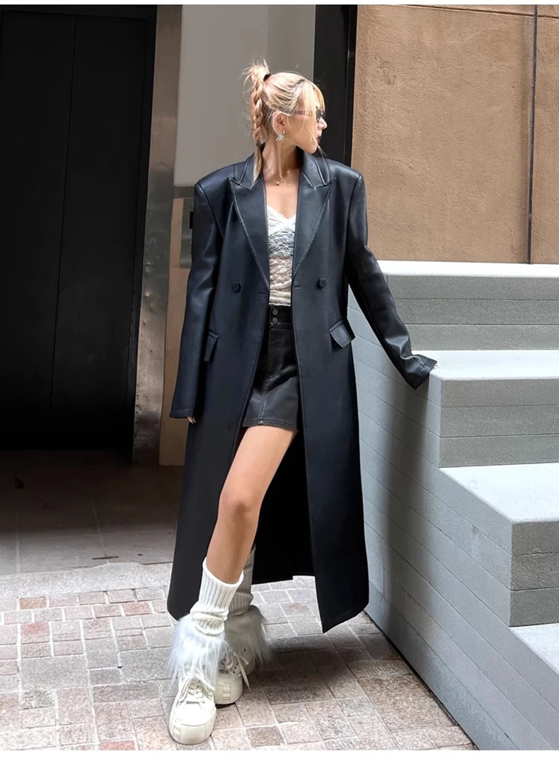 Lautaro Spring Autumn Extra Long Black Loose Pu Leather Trench Coat for Women Shoulder Pads Double Breasted Faux Leather Blazer