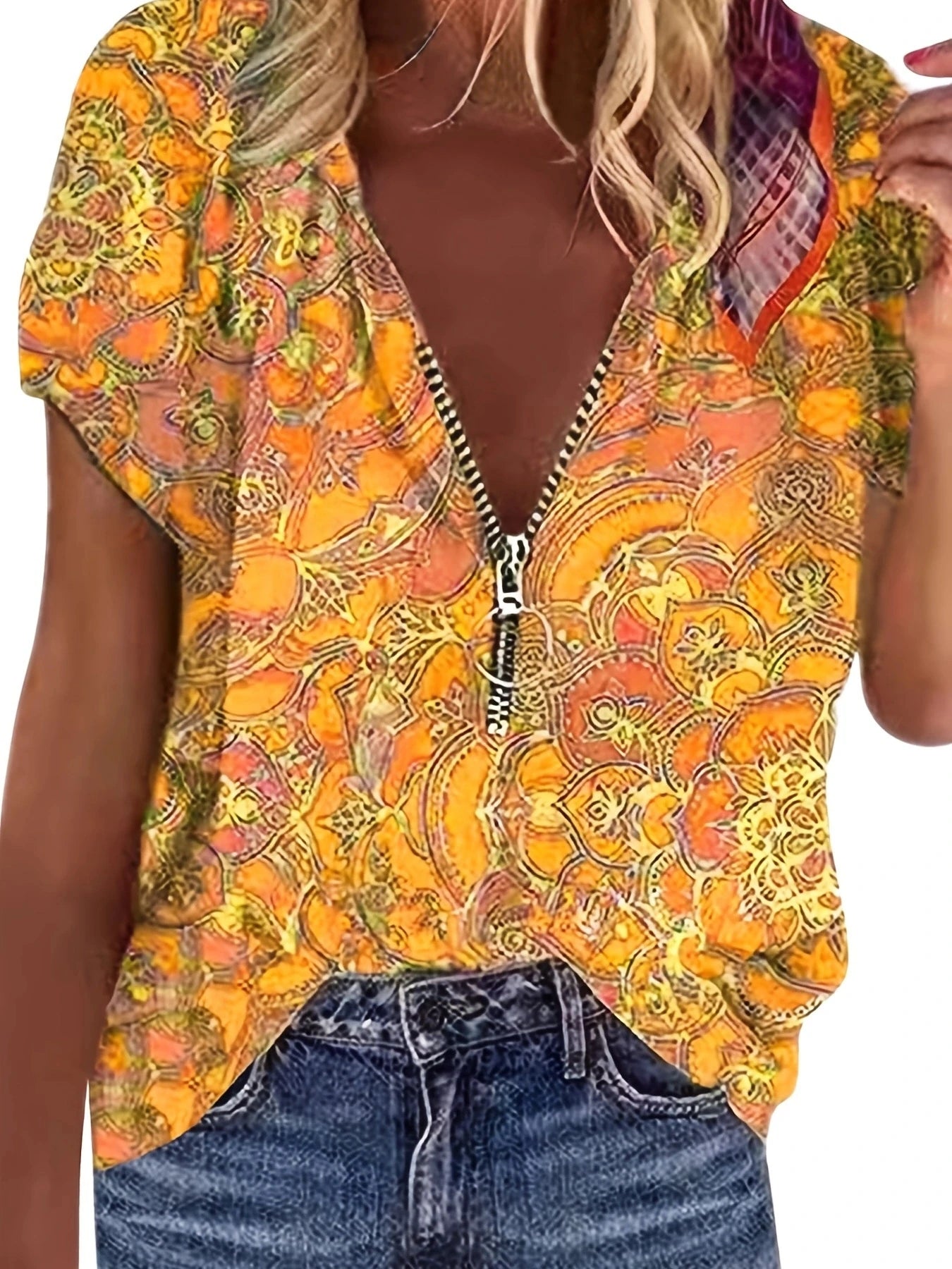 Short Sleeve Printed Zippered Top