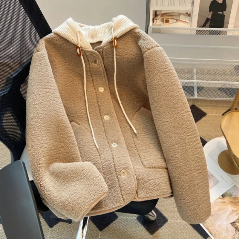 Oversized Hooded Lamb Wool Coat for Women & Loose Fit, Korean Style
