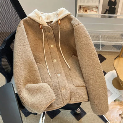 Oversized Hooded Lamb Wool Coat for Women & Loose Fit, Korean Style