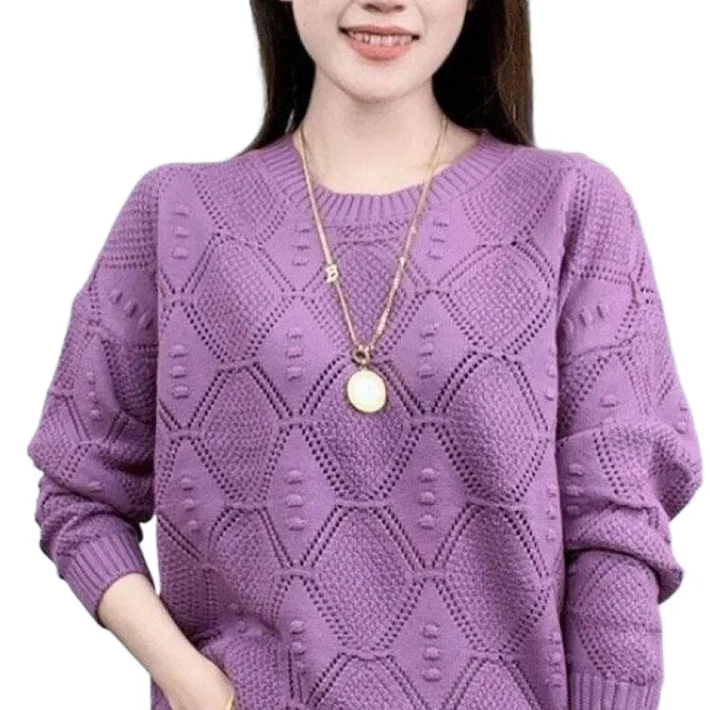 Fashionable Solid Color Knitted Top, Round Neck, Loose-Fit Long Sleeve